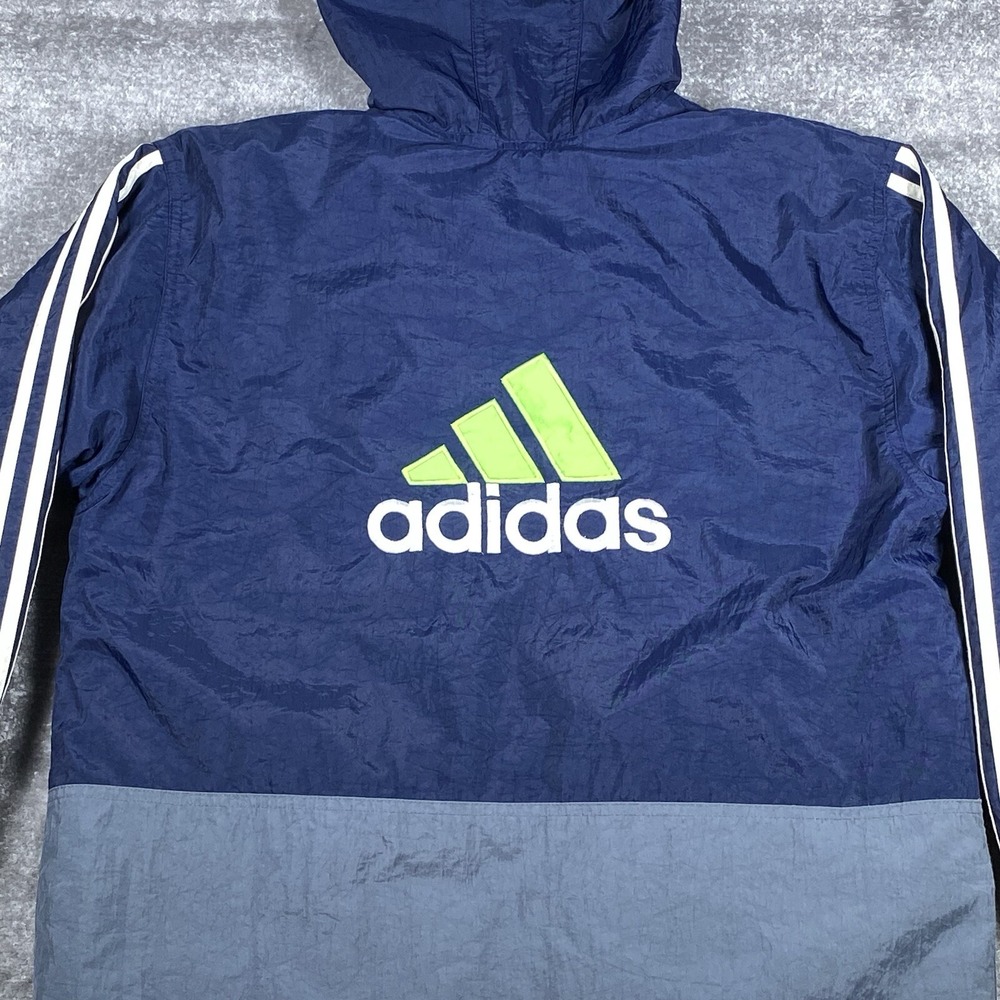 Vintage Adidas Jacket Mens Large Blue Gray Quilted Liner Hooded Bright Logo Y2K‎